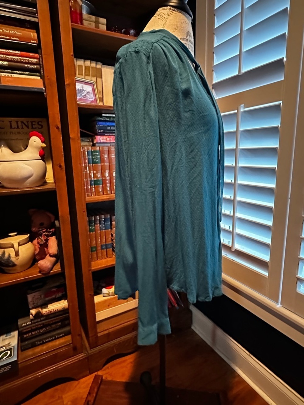 Anthropologie Teal Long-Sleeve Tie-Neck Blouse - Picture 6 of 13